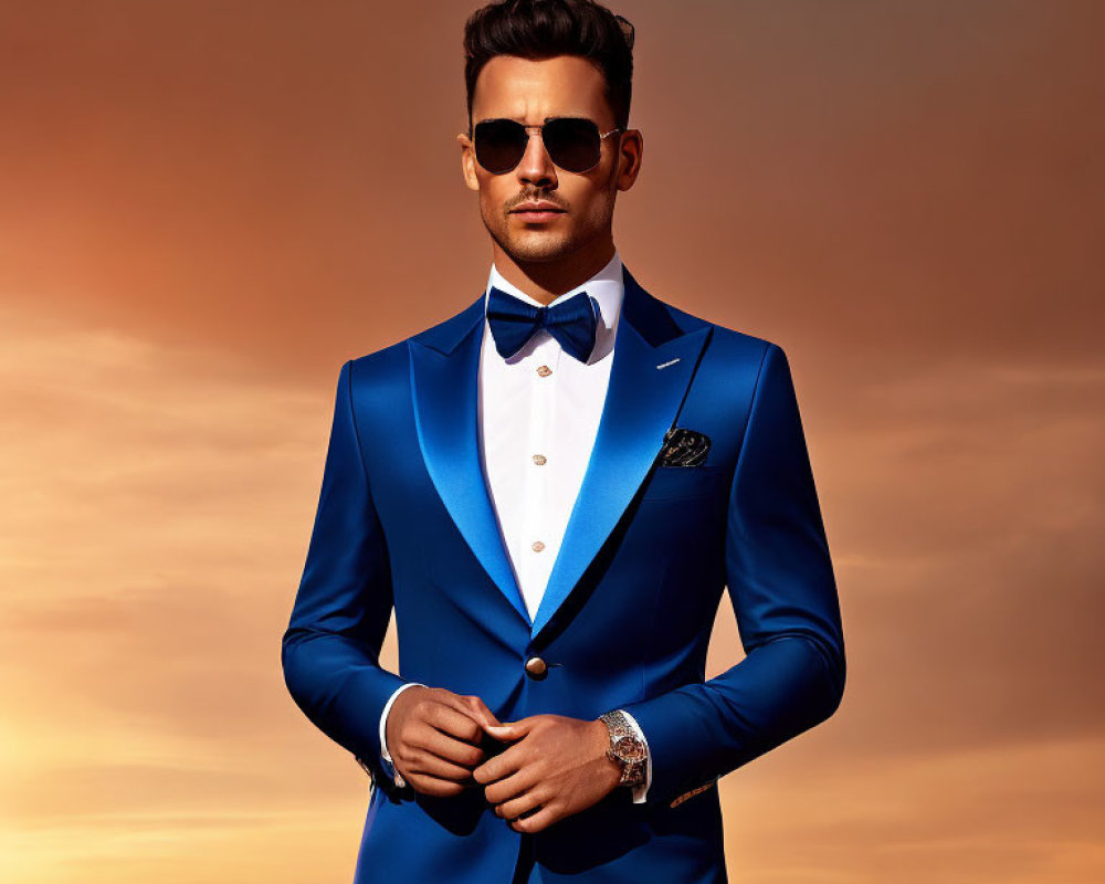 Stylish man in blue suit and bow tie against sunset sky