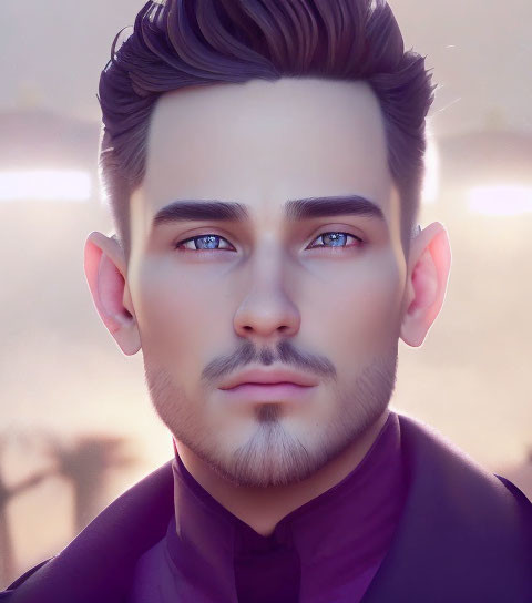 Male figure with pointed ears, styled hair, and blue eyes in purple shirt