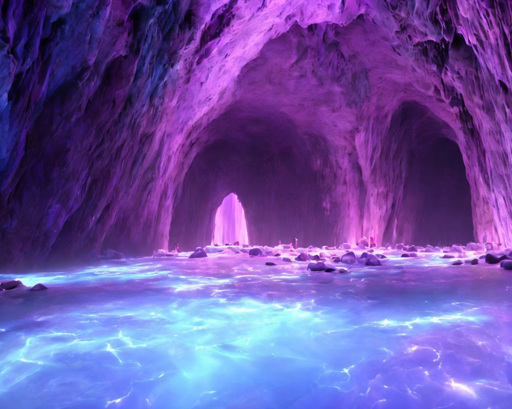 Mystical Glowing Cave with Purple Hues and Bioluminescent Floor