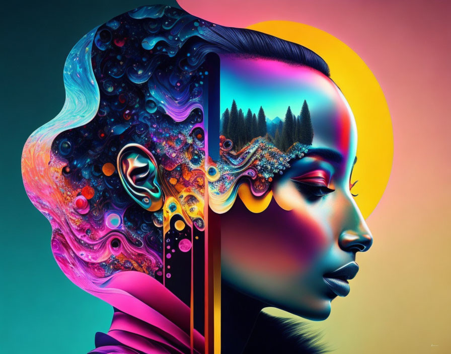 Colorful Digital Artwork: Profile of Woman with Surreal Landscape