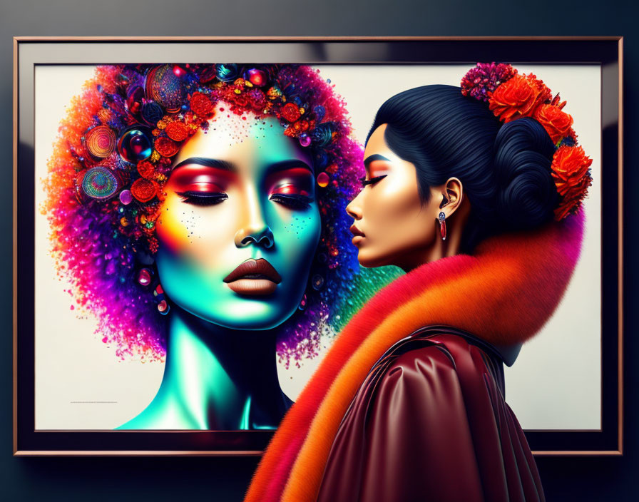 Colorful digital artwork featuring a woman with floral hair admired in gallery