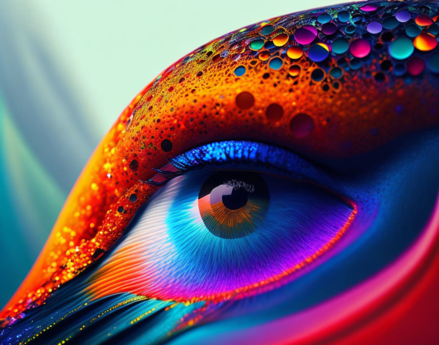 Vibrant close-up eye with water droplets, rainbow effect