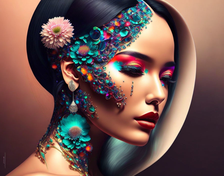 Colorful 3D digital artwork of a woman with floral and jewel makeup