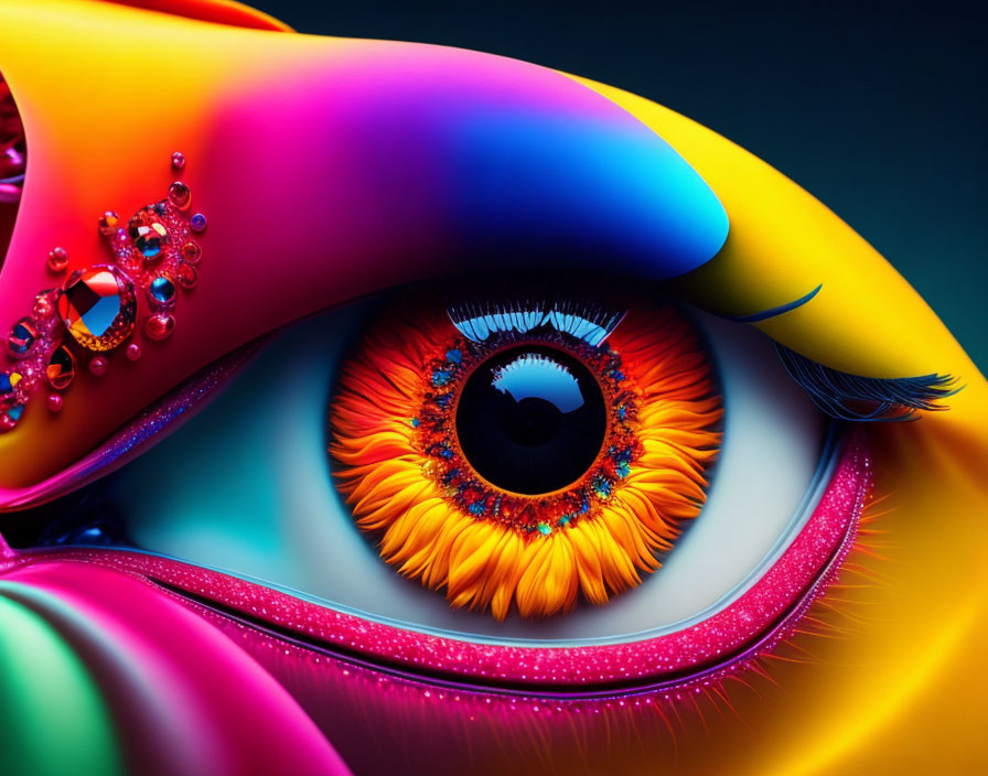 Colorful stylized eye with dramatic lashes and jewels on dark backdrop