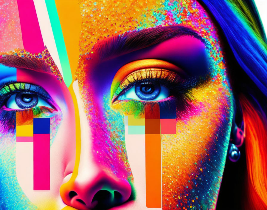 Colorful Digital Artwork: Woman's Face with Abstract Geometric Elements