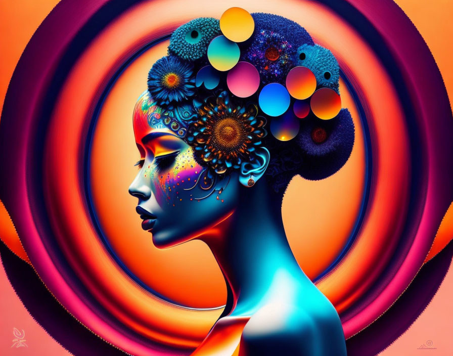 Vibrant digital artwork of woman with abstract headpiece on swirling orange backdrop