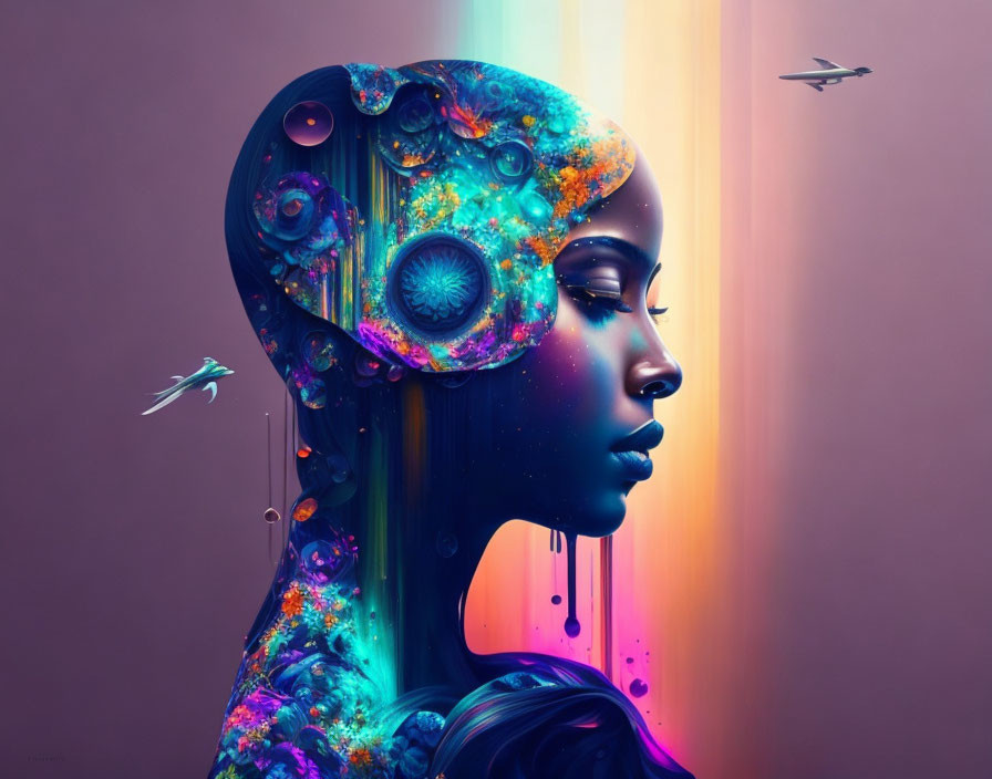 Colorful Psychedelic Female Figure Artwork with Futuristic Texture
