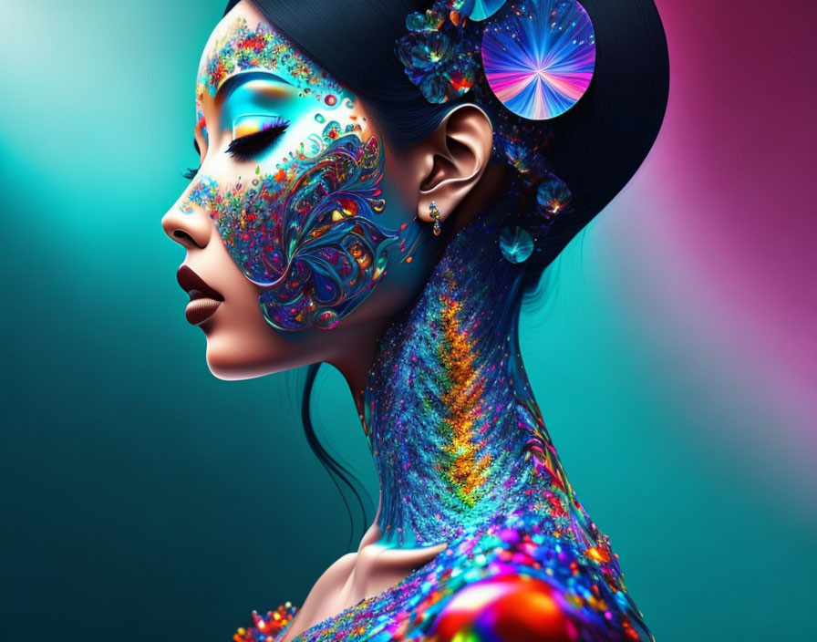 Colorful illustration of woman with intricate face and body art