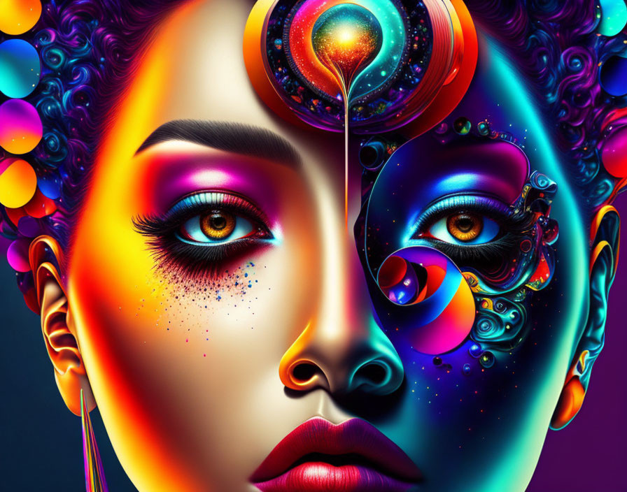 Colorful artwork featuring realistic female face and mechanical elements