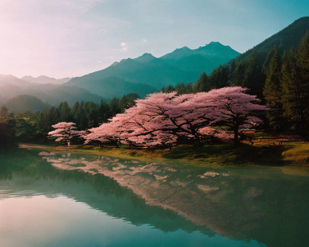 Tranquil Cherry Blossom Landscape by Calm Lake