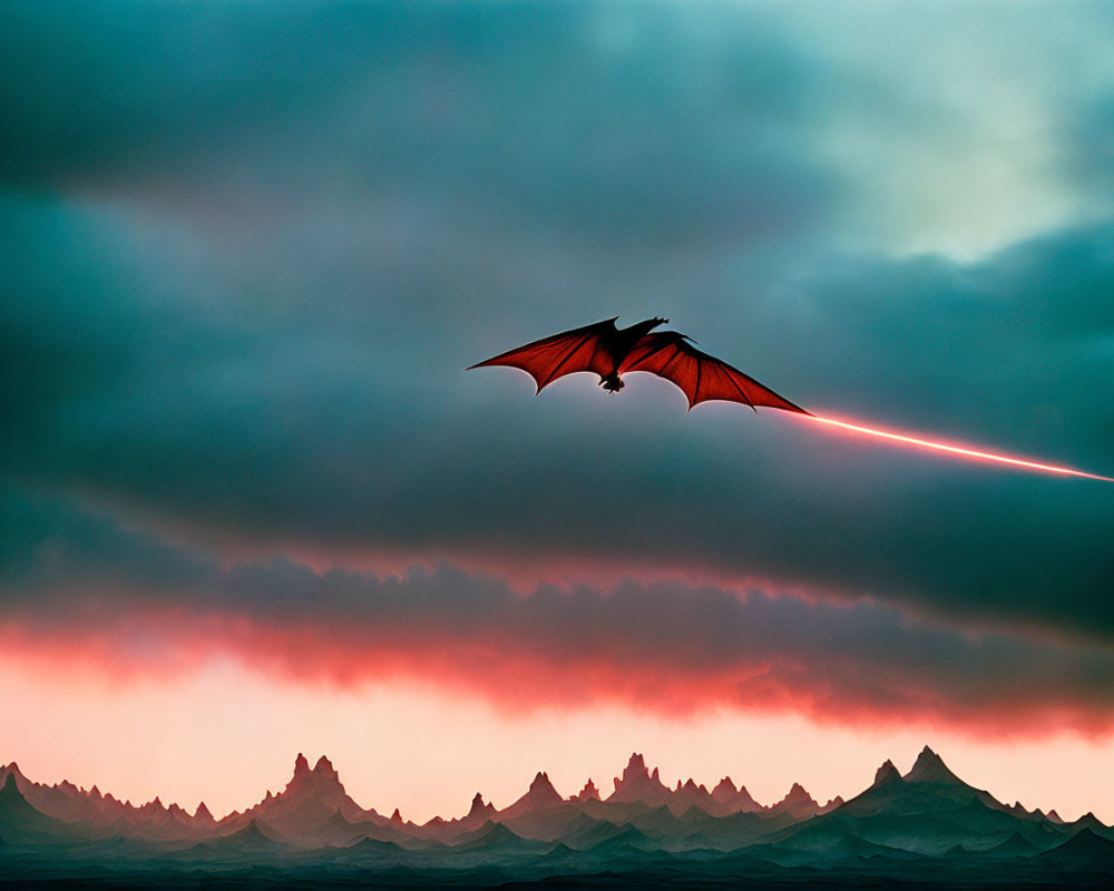Red dragon flying over rugged landscape emitting fiery red beam
