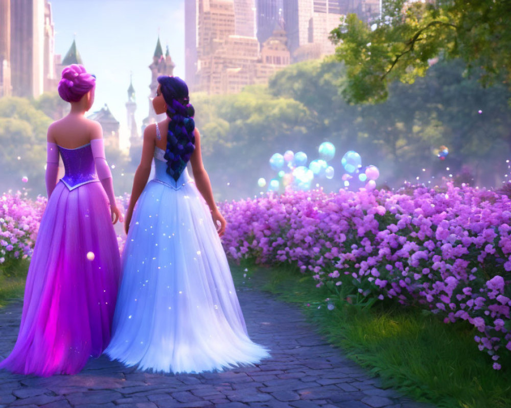 Two elegant princesses admire flower field in magical park with city skyline.
