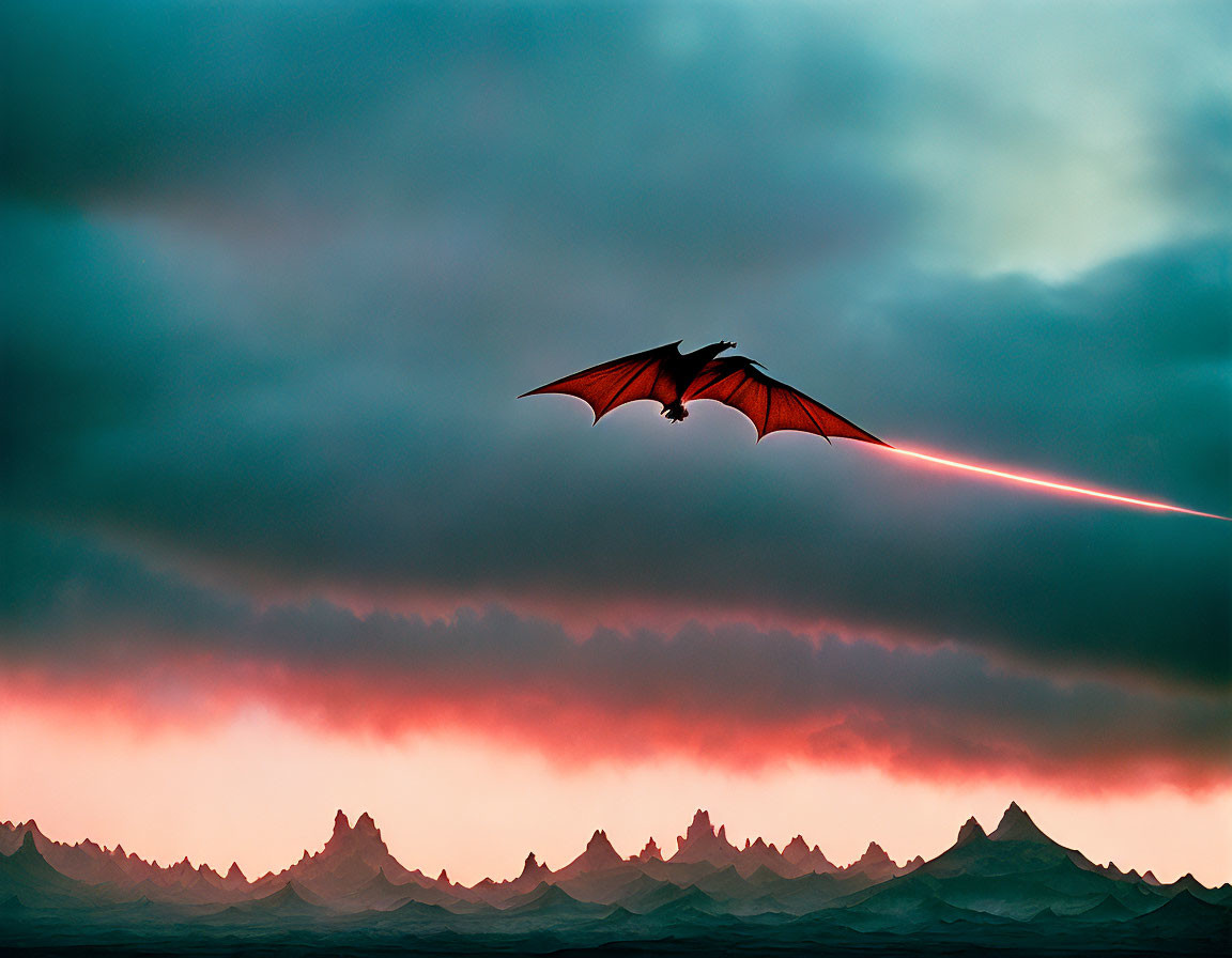 Red dragon flying over rugged landscape emitting fiery red beam