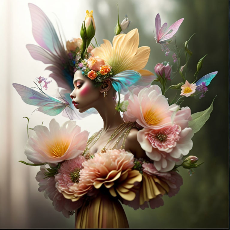 Surreal portrait of woman with oversized flower petals and butterflies
