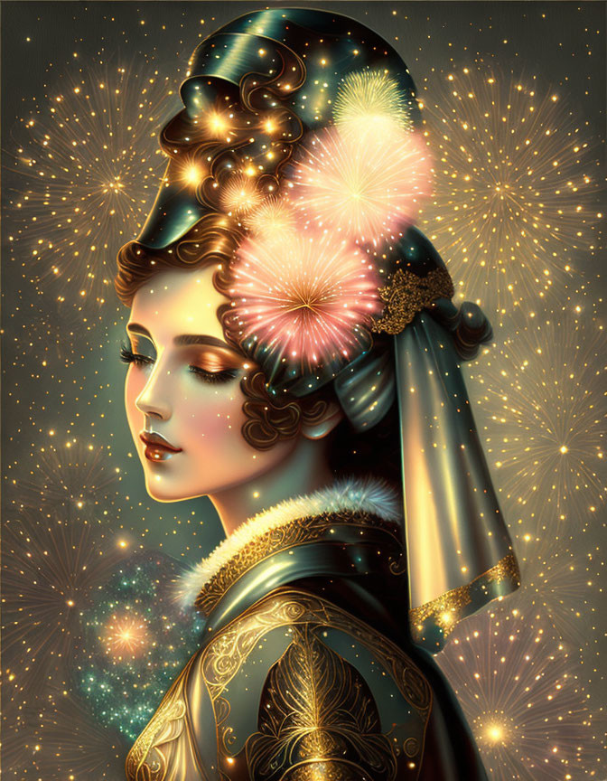 Stylized woman with ornate headdress in golden fireworks & stars.