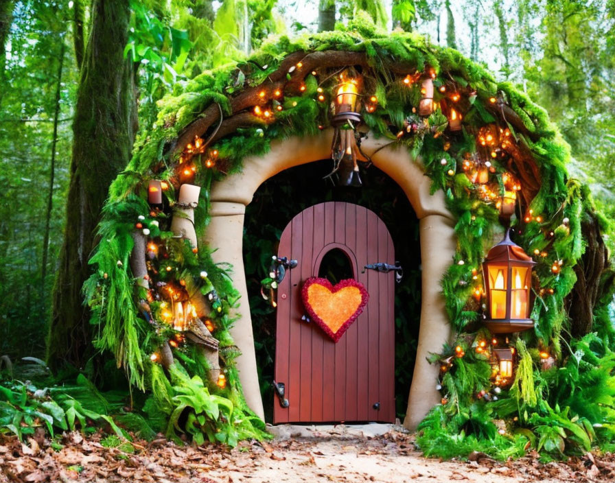 Mossy fairy-tale doorway with lights and heart decoration