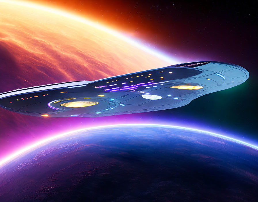 Spaceship resembling USS Enterprise orbits vibrant planet with colorful space background