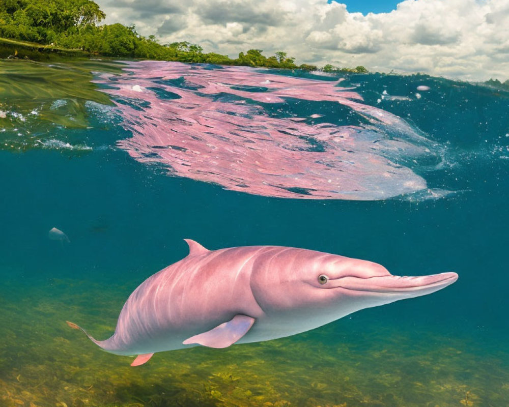 Pink dolphin swimming in clear blue water with colorful sky and lush greenery.