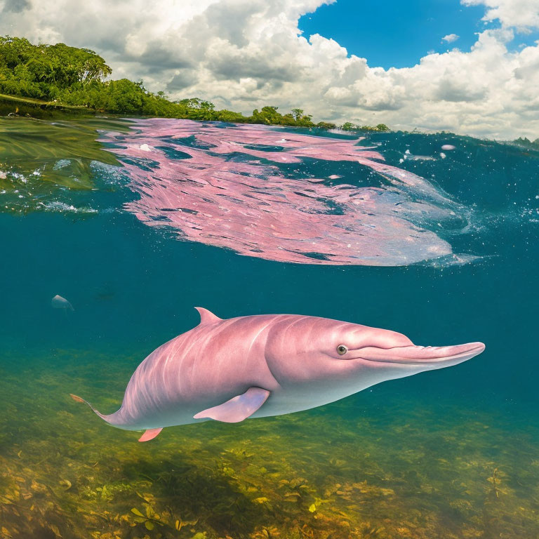 Pink dolphin swimming in clear blue water with colorful sky and lush greenery.