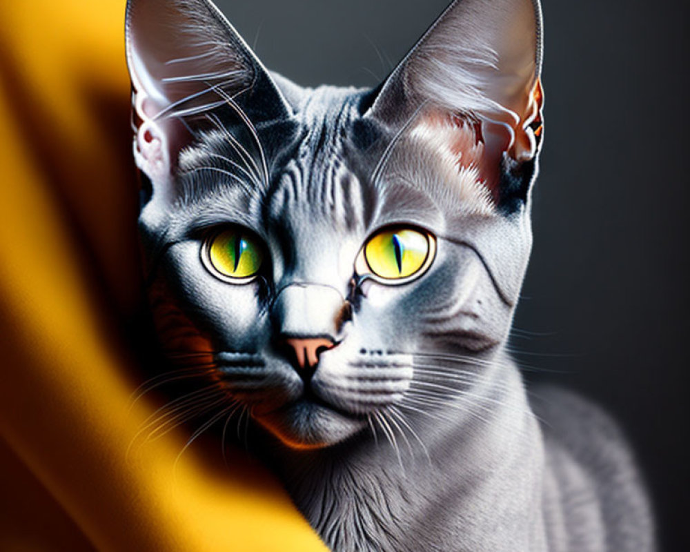 Gray Cat with Striking Yellow Eyes Peeking from Yellow Fabric