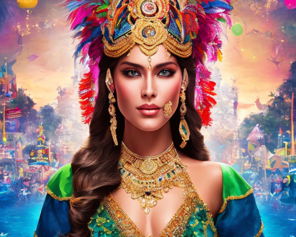 Colorful Woman in Elaborate Headdress and Costume with Gold Jewelry Against Festive Background