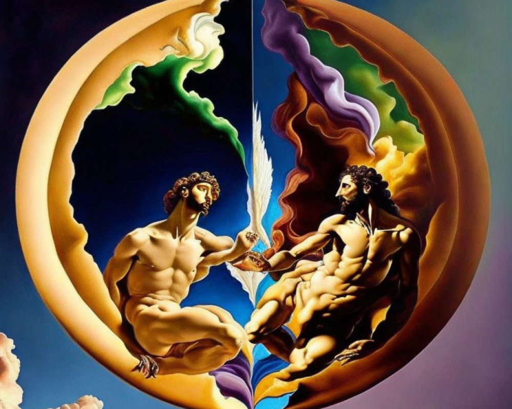 Muscular Figures in Split Circular Frame with Stylized Clouds