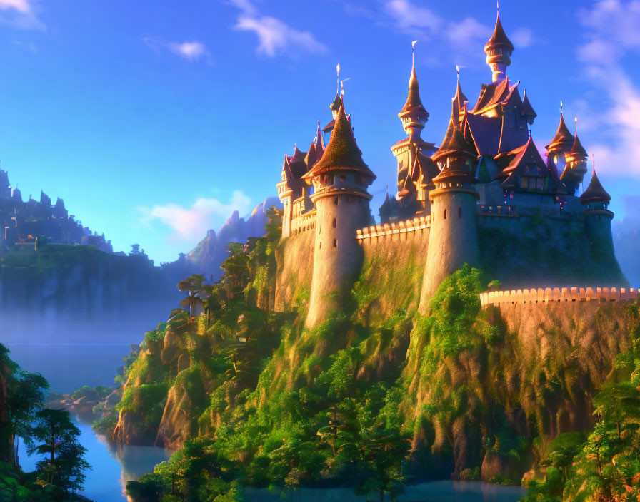 Majestic fairytale castle on cliff above misty lake at sunrise