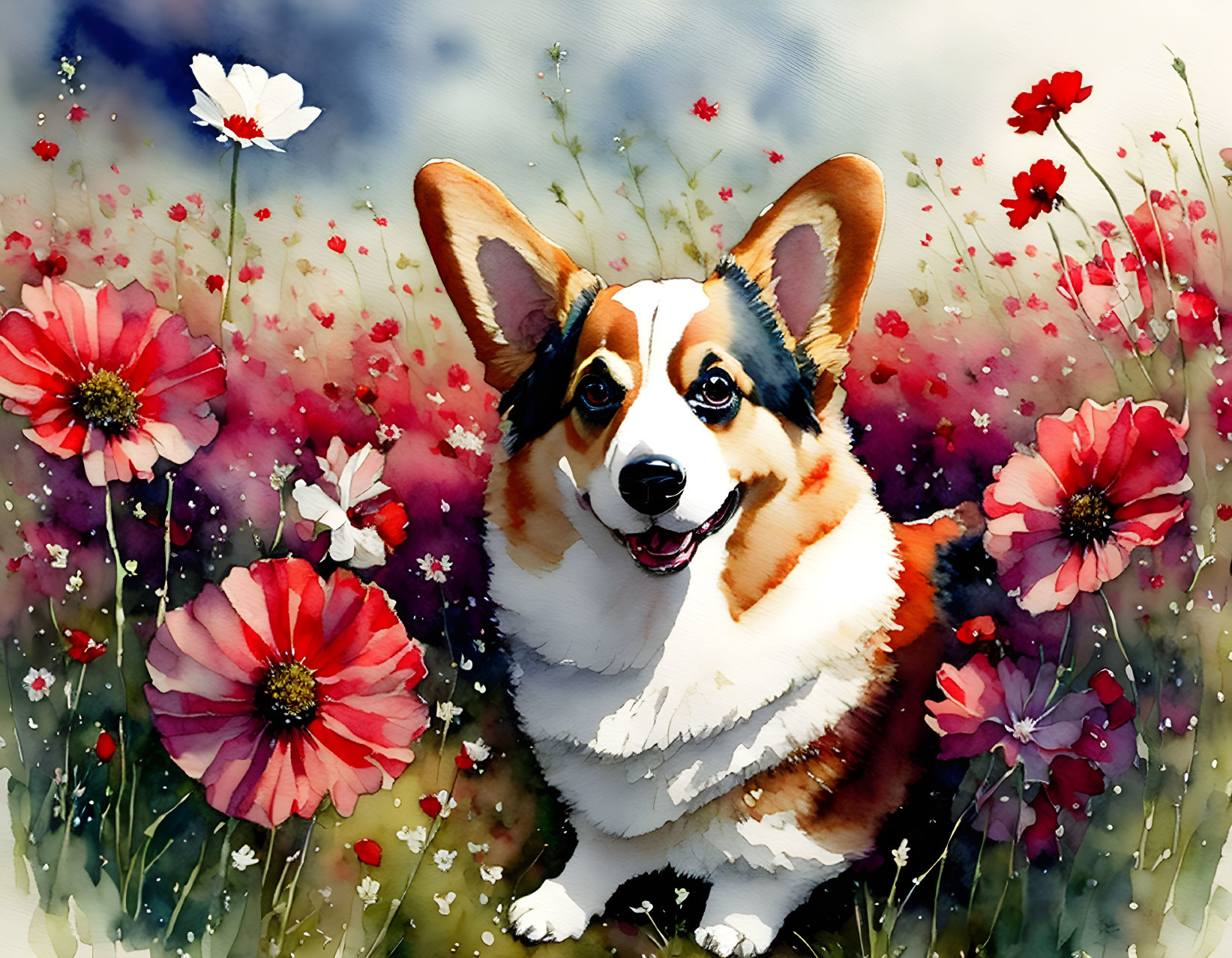Cheerful corgi among red and white flowers in watercolor style