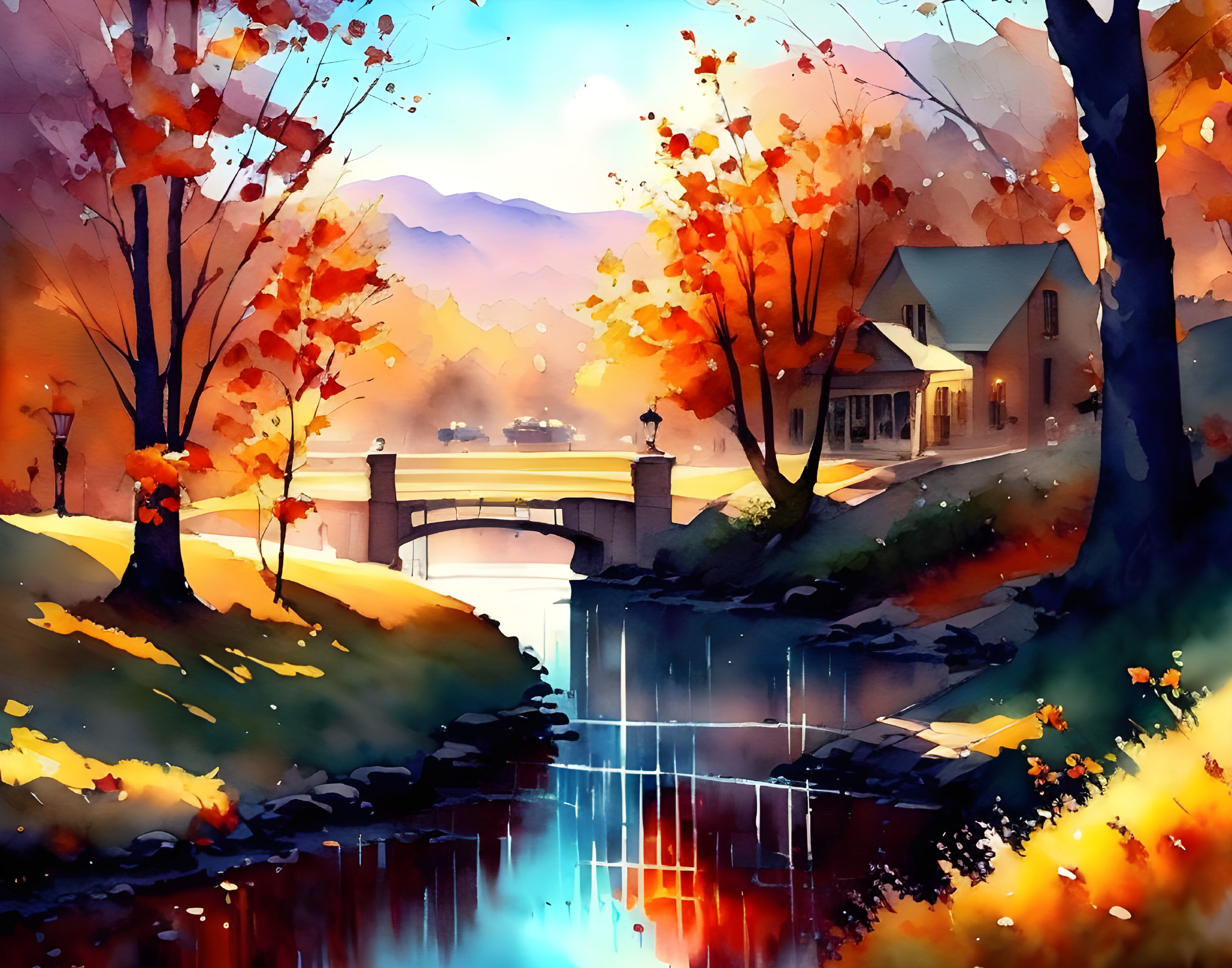 Scenic watercolor: cozy cottage by stream, stone bridge, autumn trees.