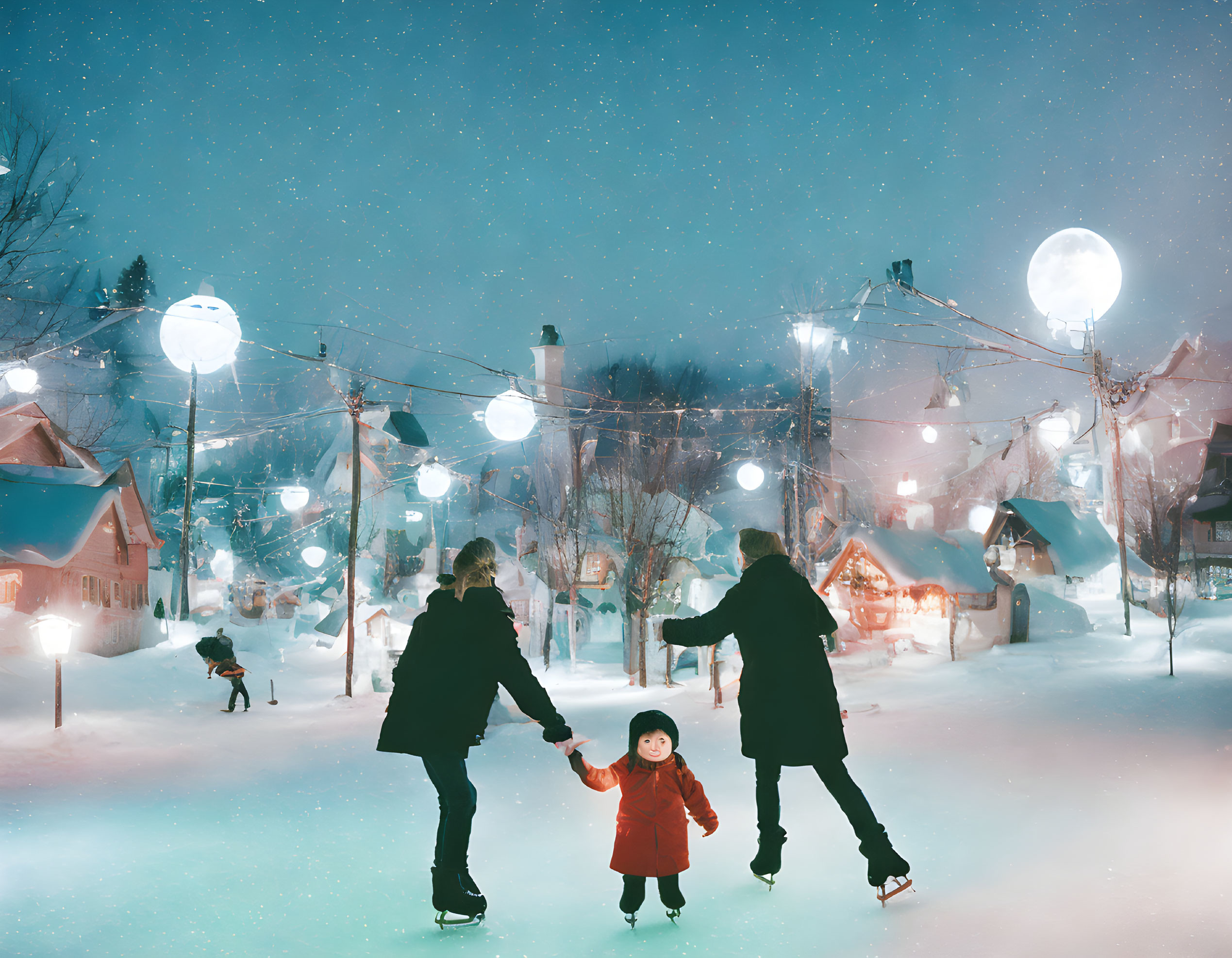 Family ice skating in snowy village with glowing street lamps