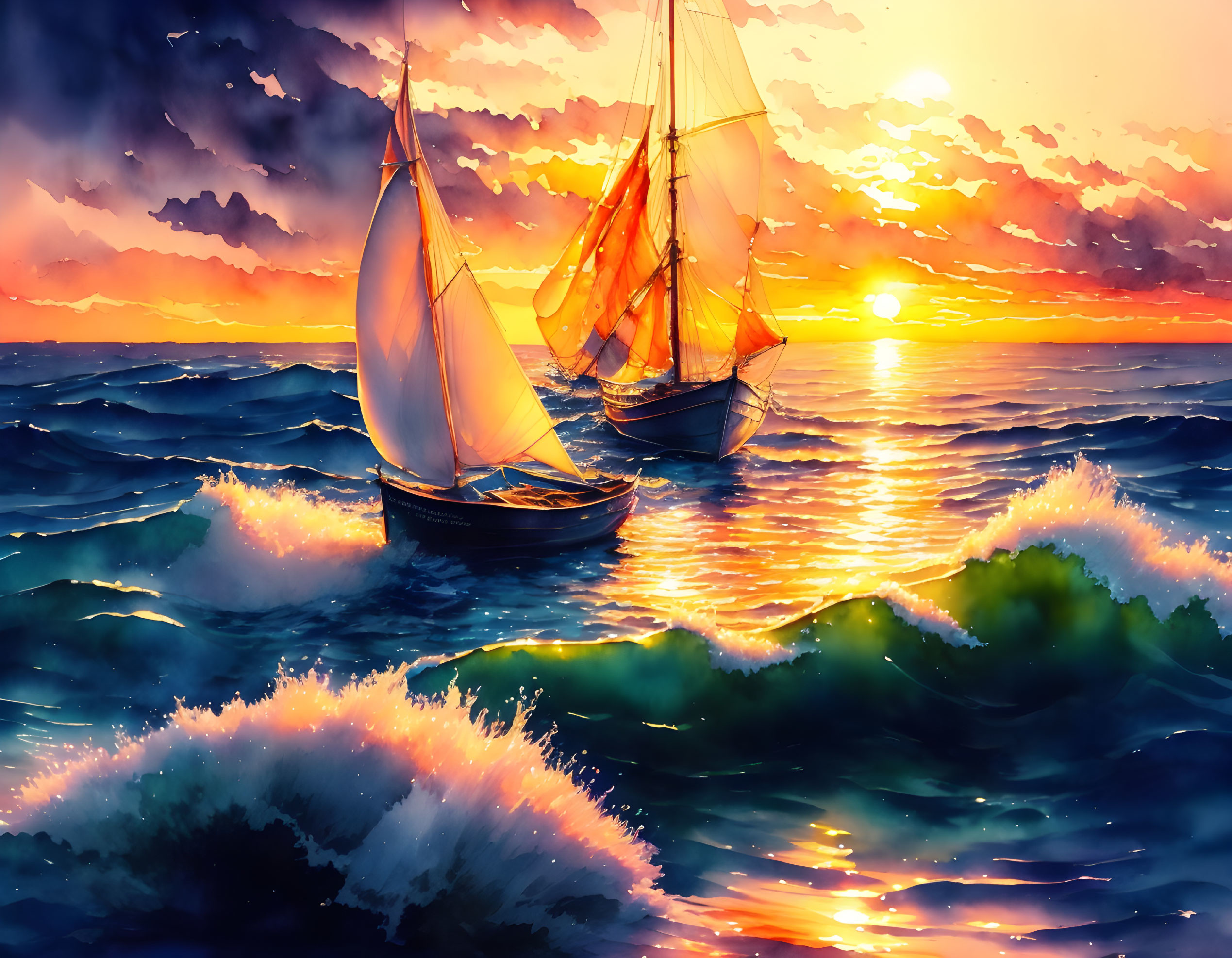 Sailboats in vibrant ocean waves at sunset