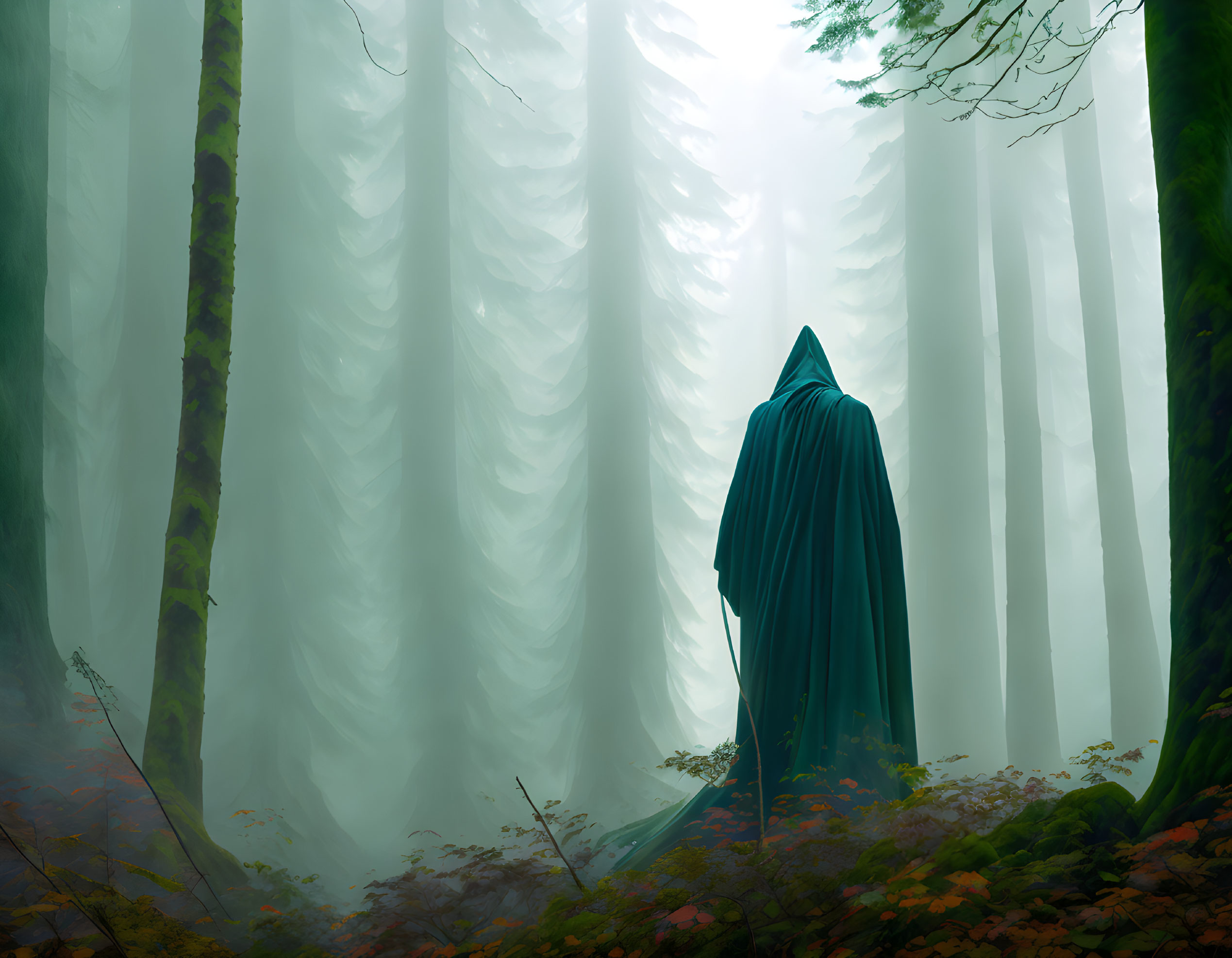 Cloaked figure in misty forest with tall trees and autumn leaves