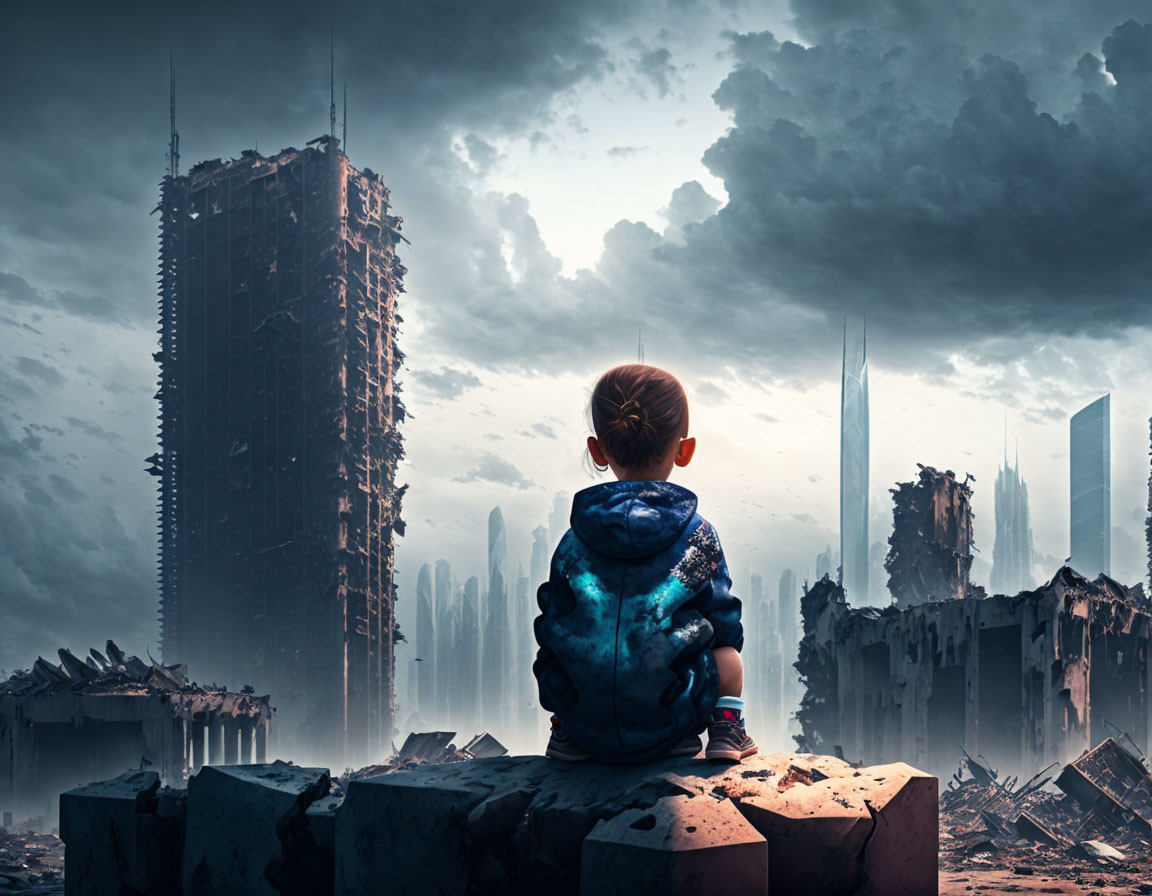 Child sitting on rubble gazes at dystopian cityscape with towering ruins under dramatic sky