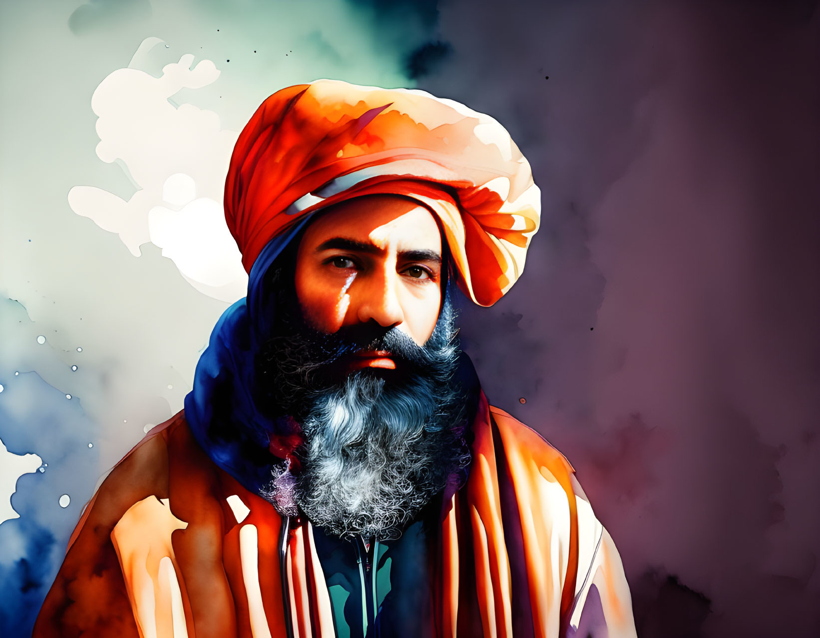 Colorful digital artwork: Bearded man in turban, vibrant oranges and blues, bold strokes,