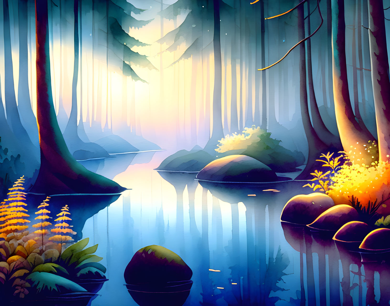 Tranquil forest scene with river and warm glow illuminating rocks and lush vegetation