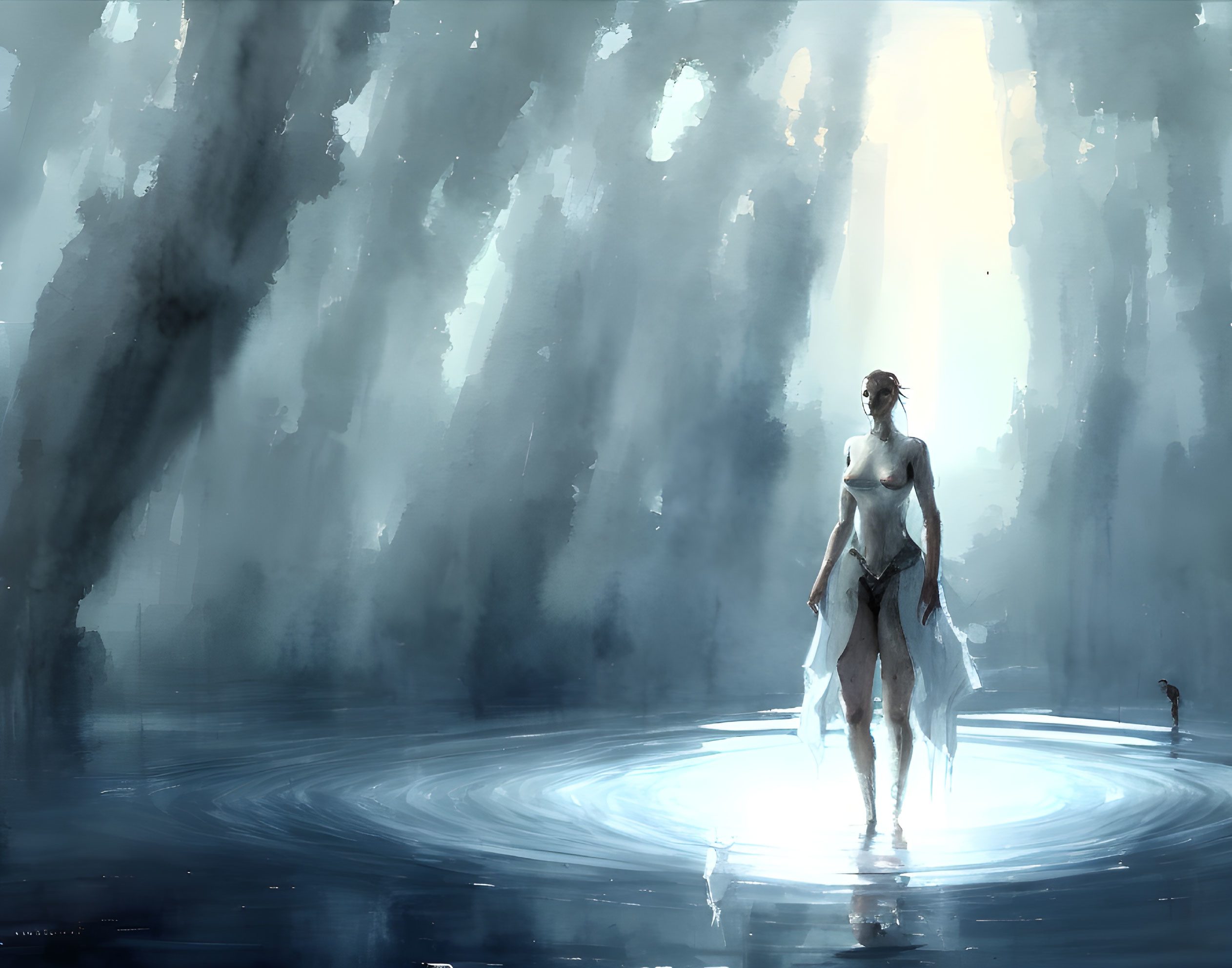 Solitary Figure in Water Surrounded by Ethereal Sunlight