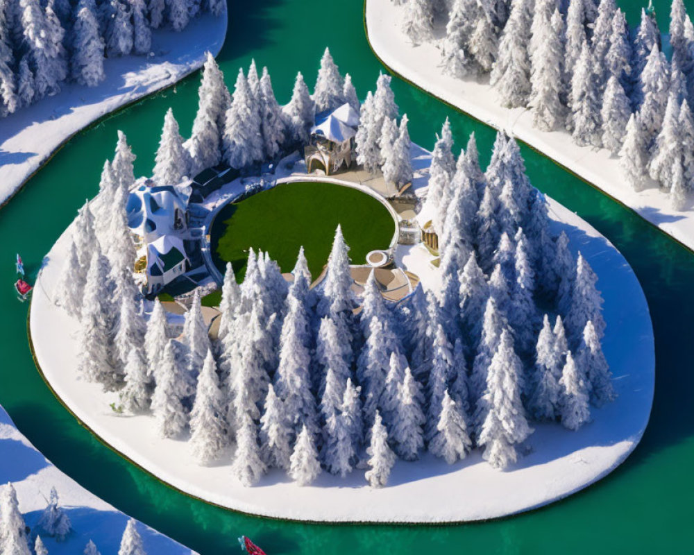 Snowy Island with Coniferous Trees, Circular Clearing, and Turquoise River