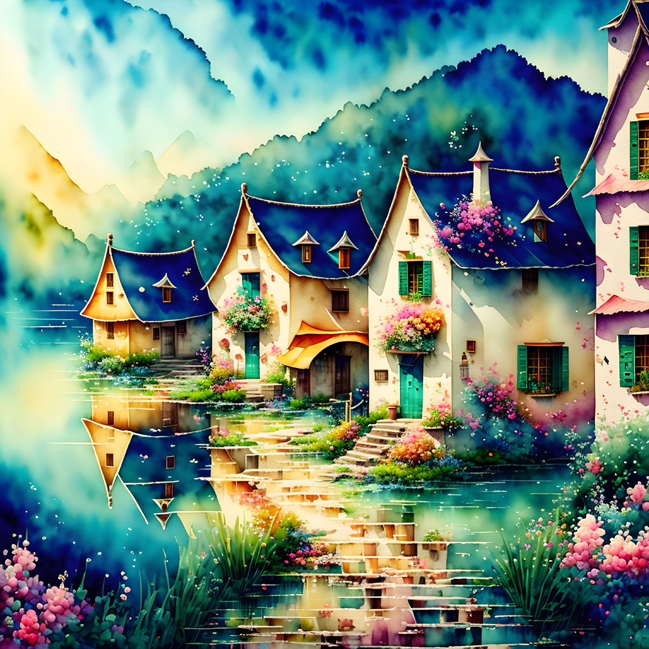 Vibrant village illustration with charming houses, flowers, and mountains