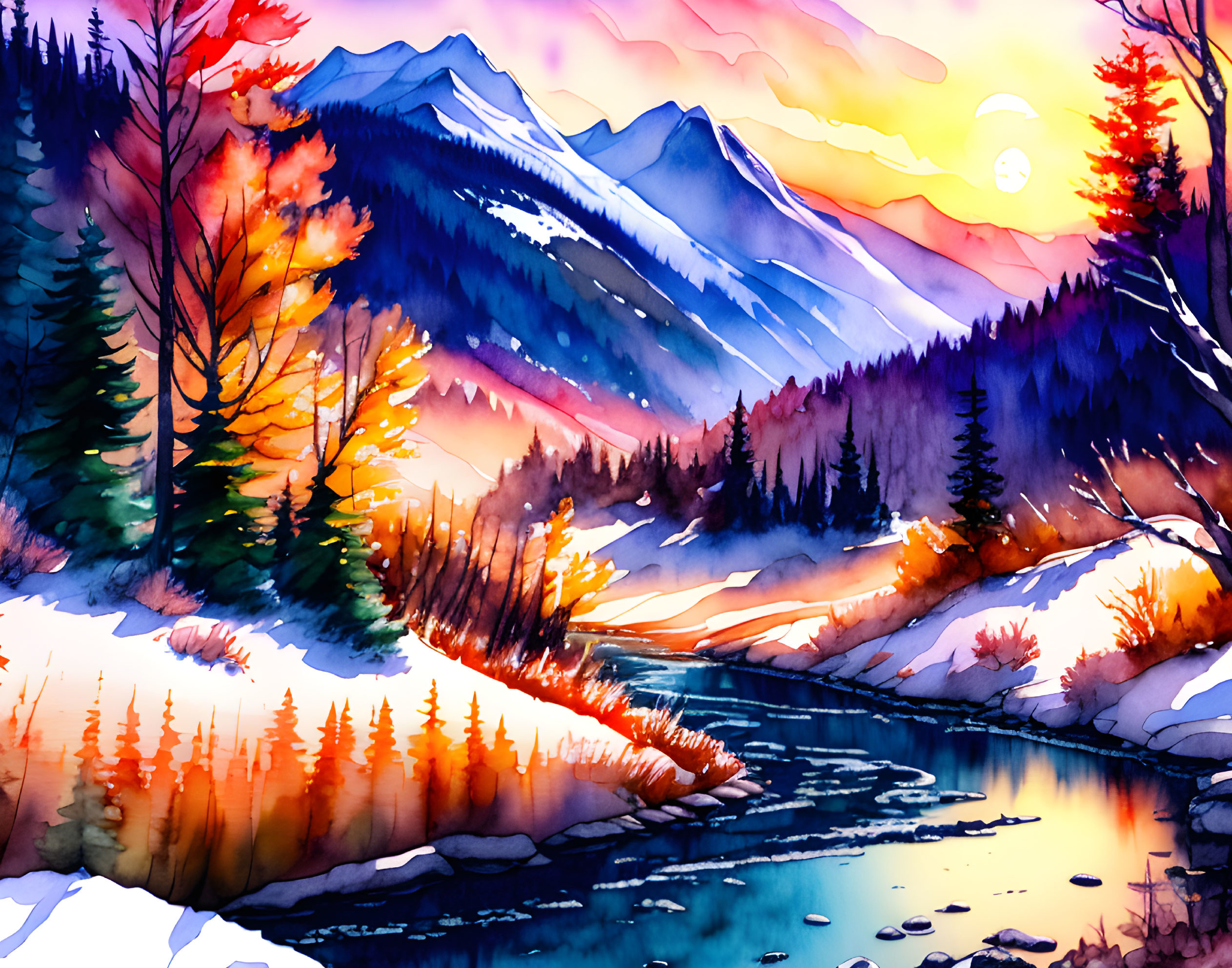 Colorful Watercolor Landscape: Sunset over Mountain Range & Autumn Trees