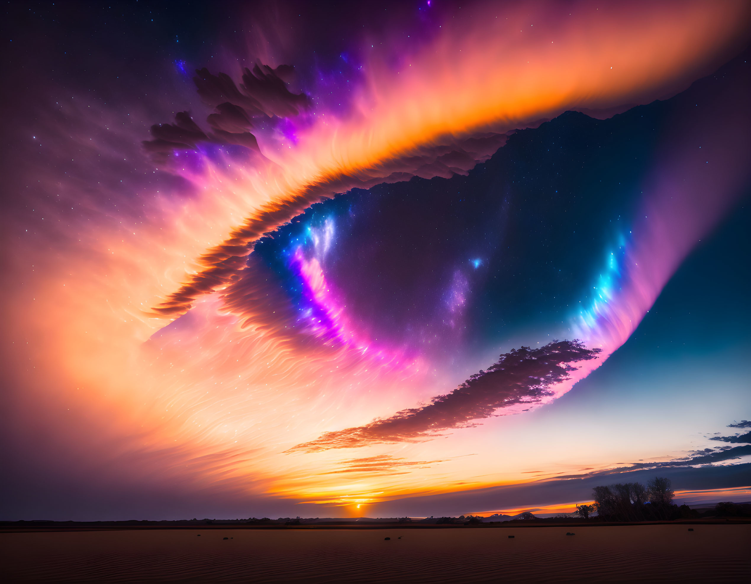 Colorful swirling clouds at sunset over dark landscape