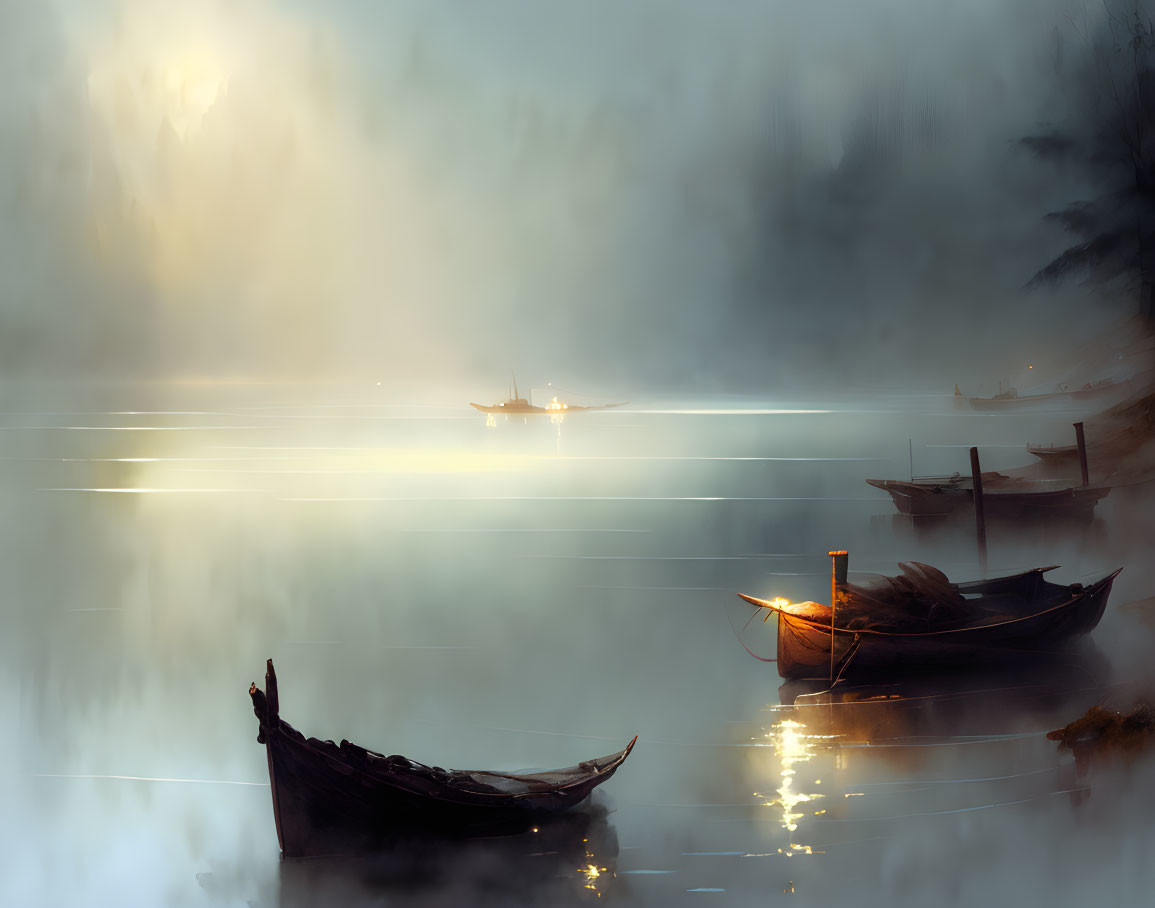 Tranquil Lake Scene at Twilight with Misty Boats
