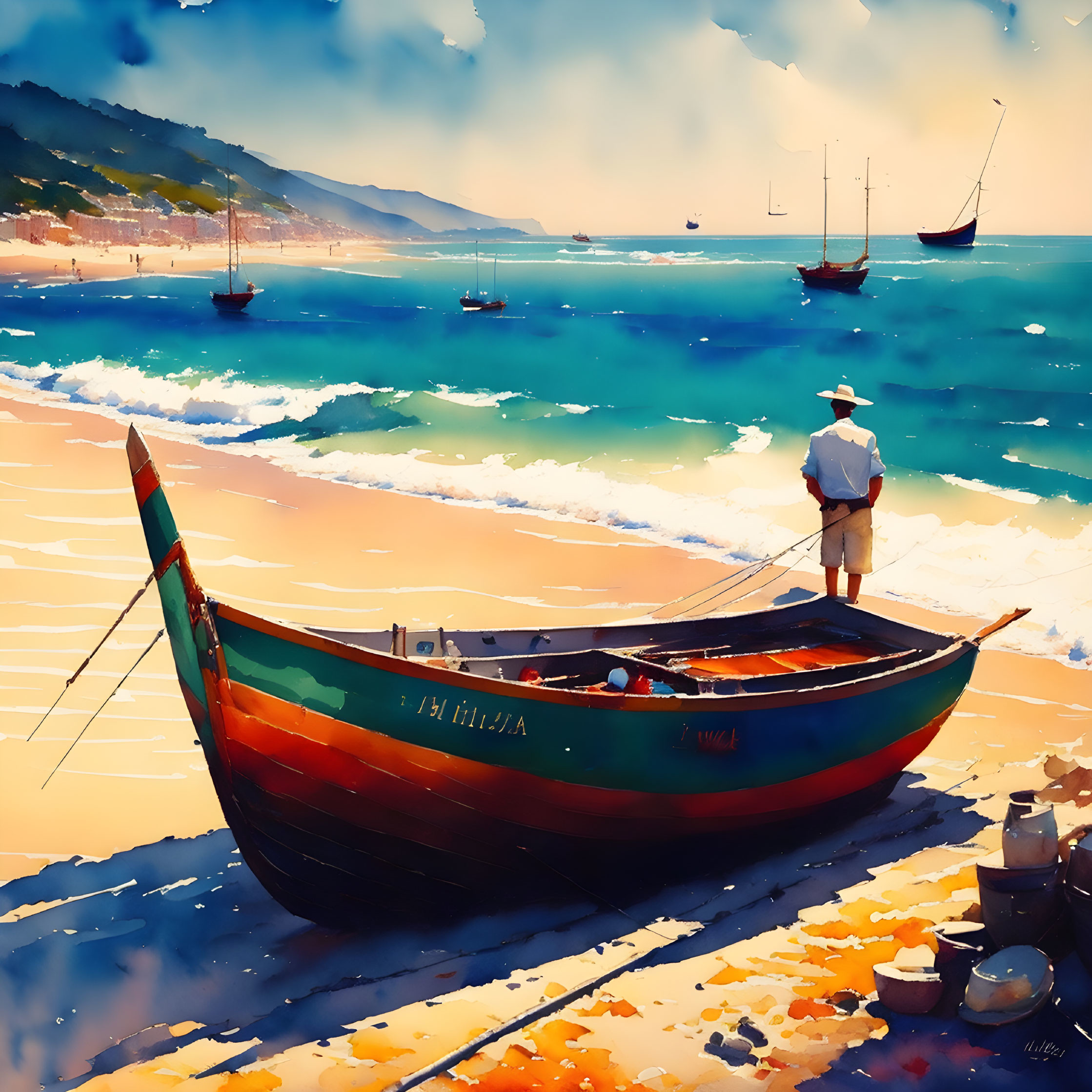 Colorful boat on vibrant beach scene with sailboats and rolling hills