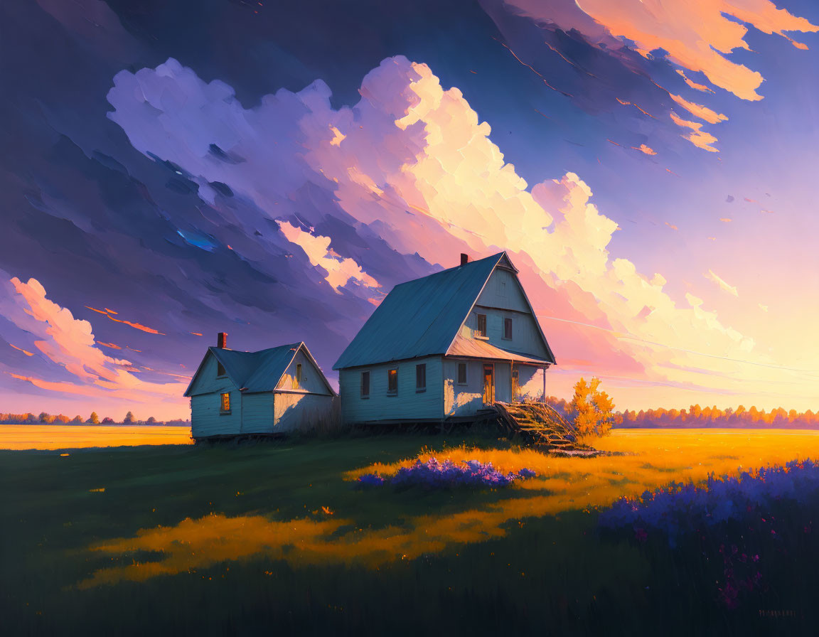 Tranquil digital painting of rural houses at dusk