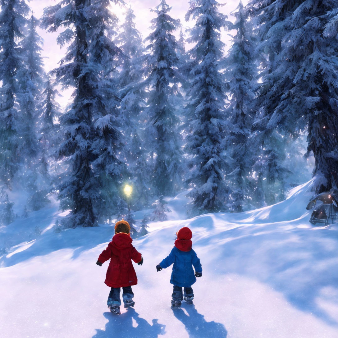 Children in colorful coats walking in snowy forest with sunlight and tall trees