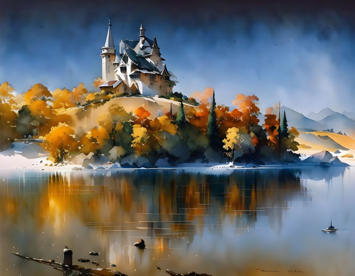 Autumn landscape with castle, lake, and mountains