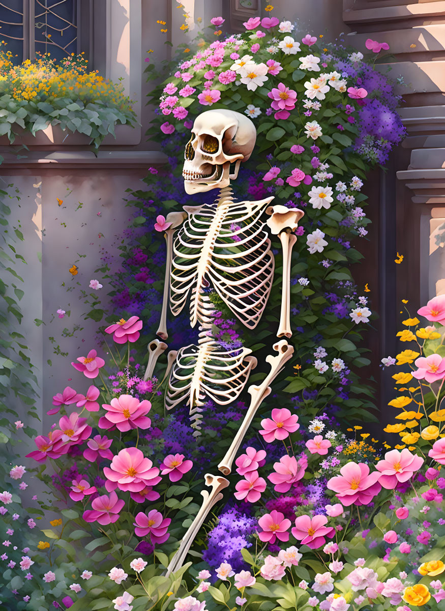 Skeleton and flowers