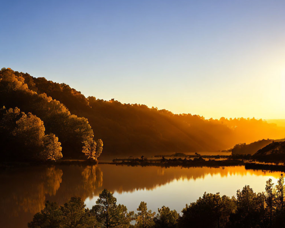 Tranquil sunrise scene at a serene lake with golden reflections