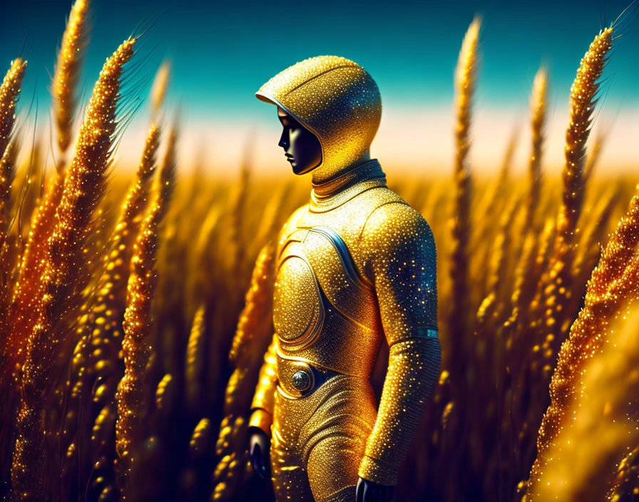 Golden Astronaut Suit in Wheat Field Under Blue Sky