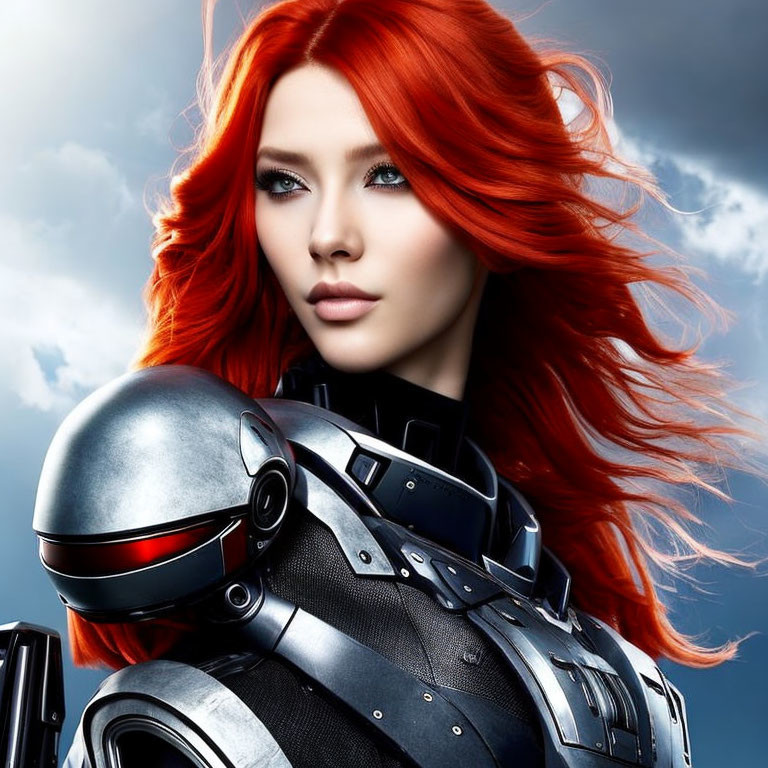 Digital artwork: Woman with red hair in futuristic armor under blue sky