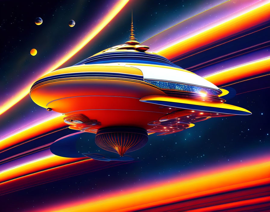 Futuristic spaceship with multiple decks in colorful space